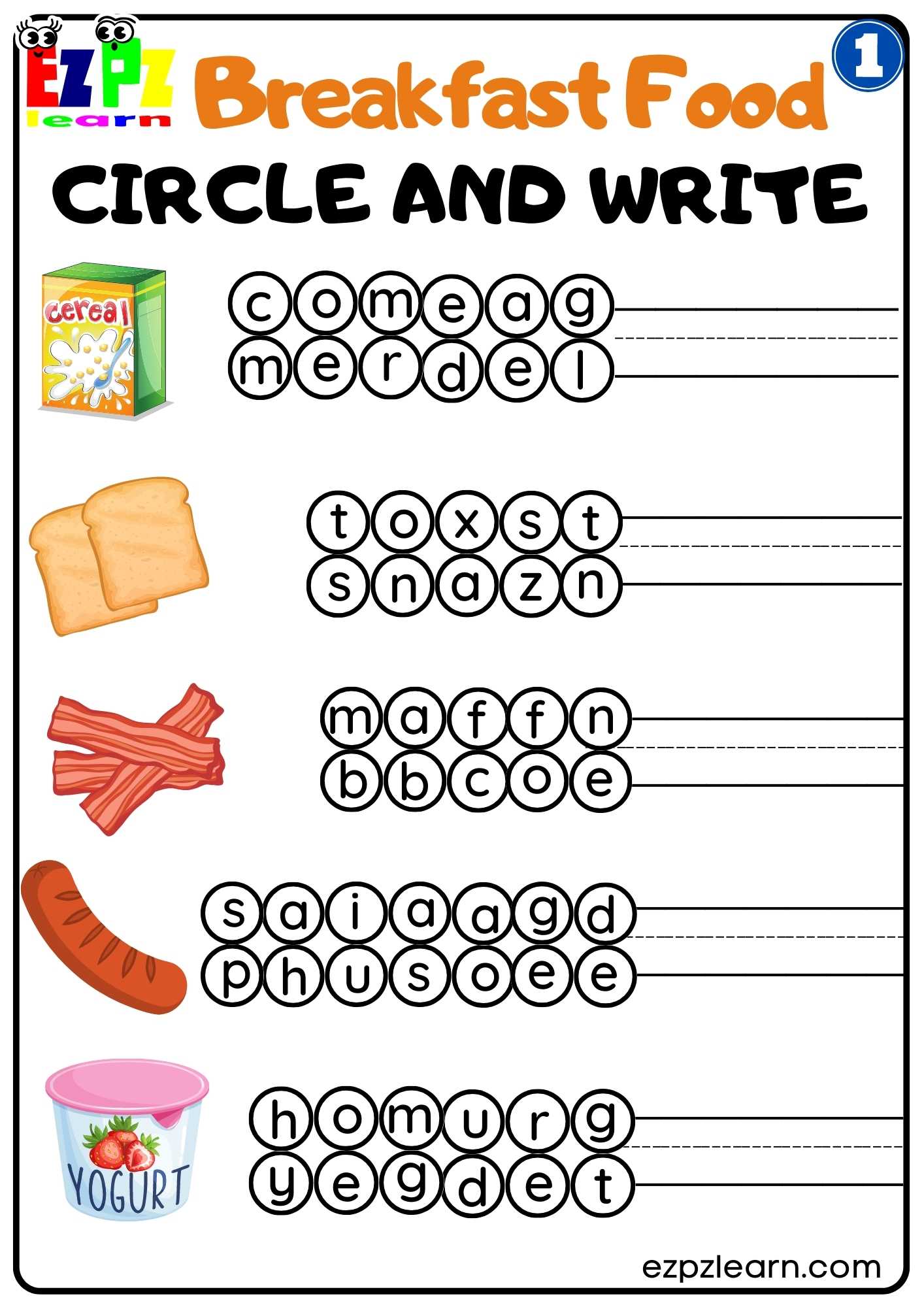 Group 1 Breakfast Food Vocabulary Circle and Write Worksheet for K5 and ESL Students Free PDF Download